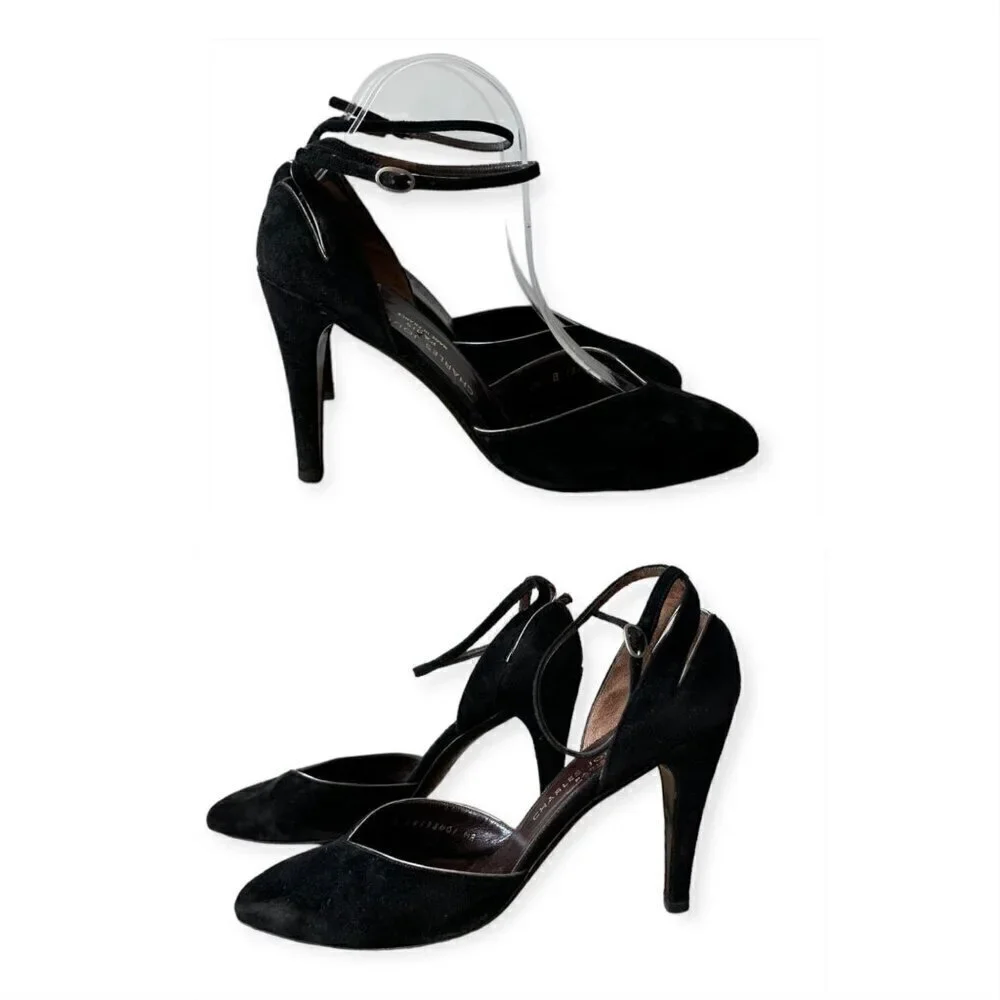Vintage Charles Jourdan Black Suede Ankle Strap Pumps,  Size 8 1/2